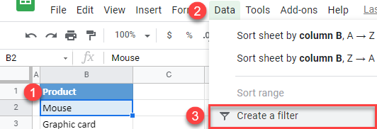 google sheets create filter