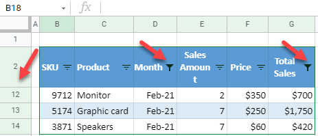 google sheets data filtered by two columns