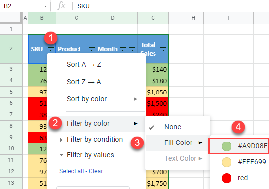 google sheets filter by color