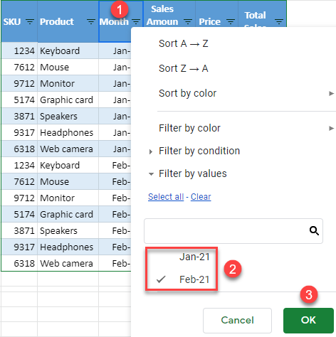 google sheets filter by column 1