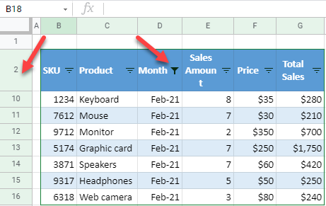 google sheets filter by column 2