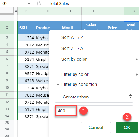 google sheets filter greater than 2