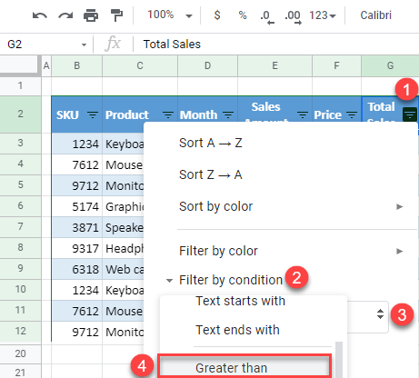 google sheets filter greater than