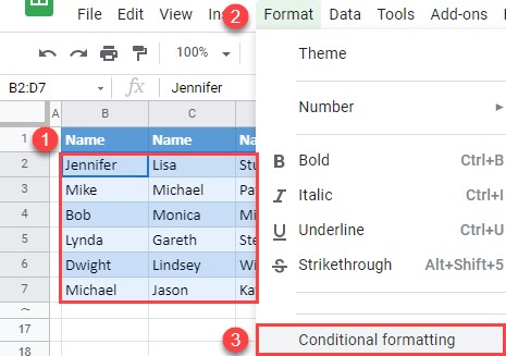 google-sheets-find and highlight conditional formatting