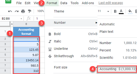 google sheets format accounting number