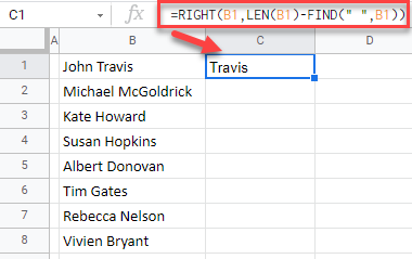 google sheets get last name formula 1