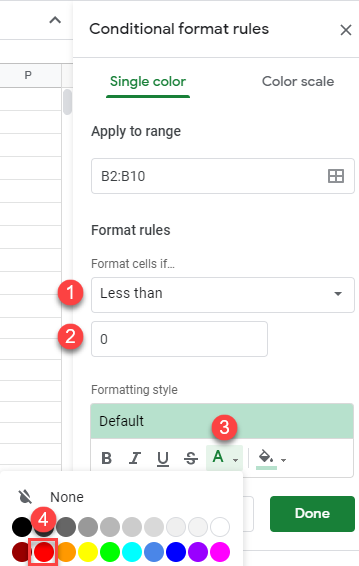 google sheets make negative numbers red conditional formatting 1