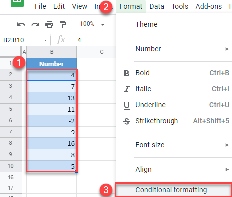 google sheets make negative numbers red conditional formatting