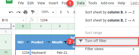 google sheets remove filters