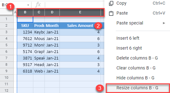 google sheets resize columns