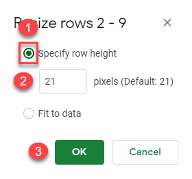 google sheets rows set height