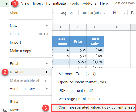 google sheets save as csv