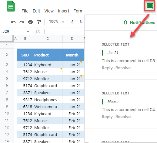 google sheets show all comments
