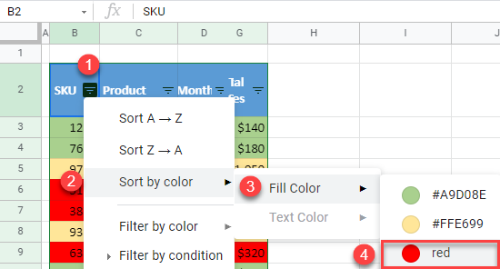 google sheets sort by color