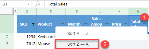 google sheets sort descending 1