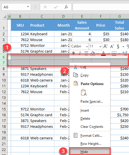 hide rows data 1