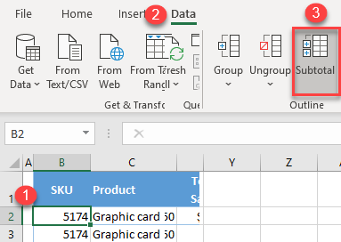 insert subtotal excel 1a