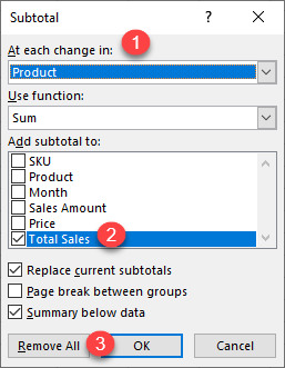 insert subtotal excel 2