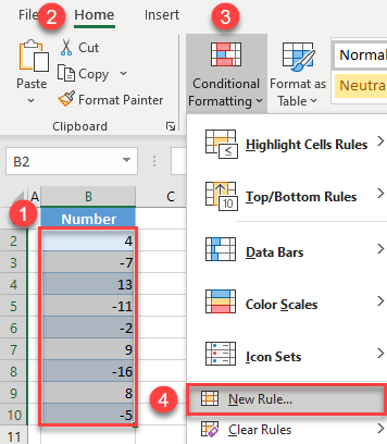 make negative numbers red conditional formatting