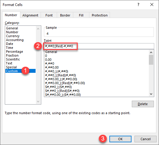 make negative numbers red custom format 2