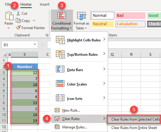 remove conditional formatting selected cells