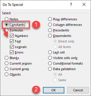 select all cells with values go to special 2