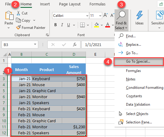 select all cells with values go to special