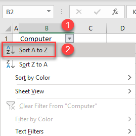 sort column by filter a to z 2