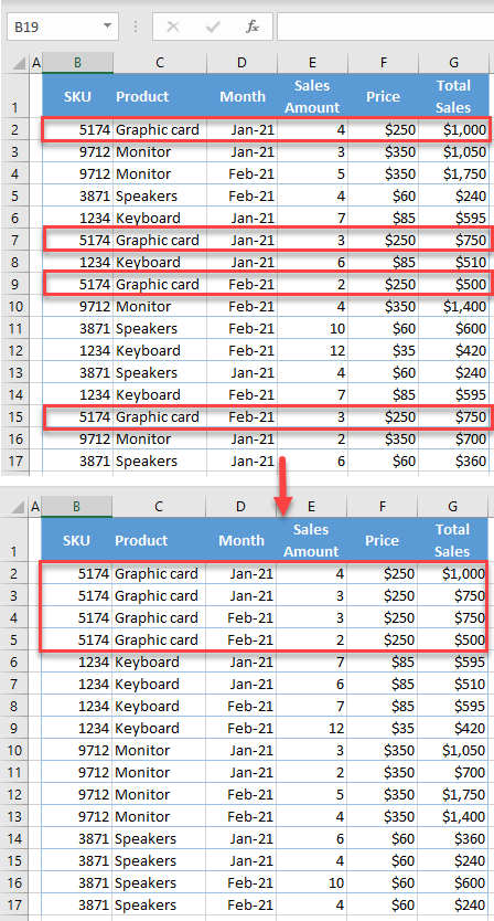 sort multiple columns initial data