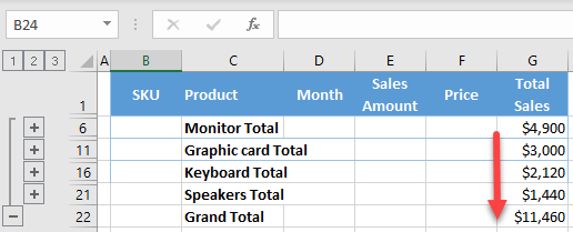 sort subtotals excel 2a