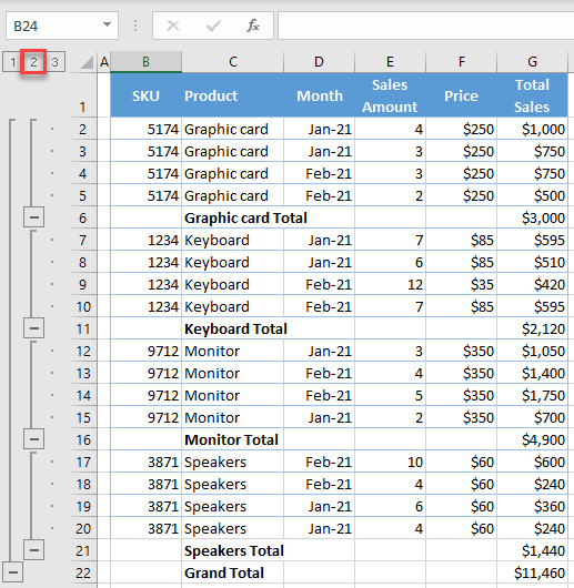 subtotals collapse excel 1a