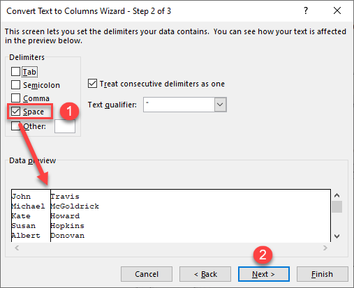 text to columns step 2