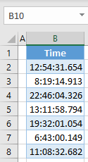 time cells formatted with milliseconds