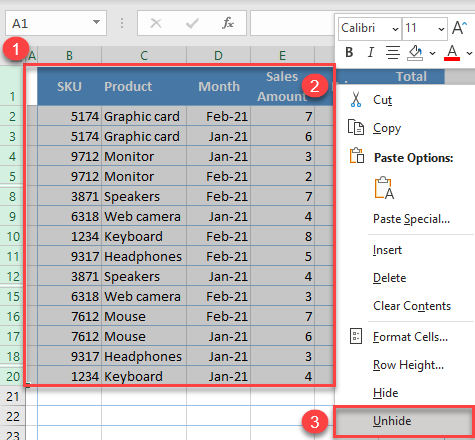 unhide blank rows 1