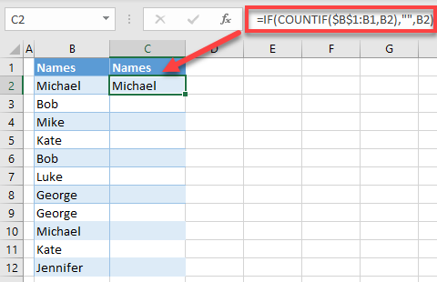 clear duplicates excel formula