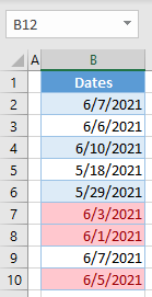 conditional formatting dates date occurring last week 2