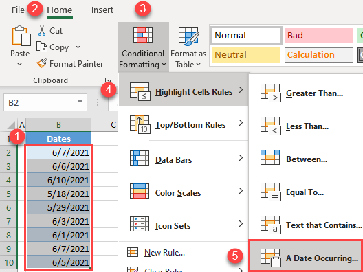 conditional formatting dates date occurring