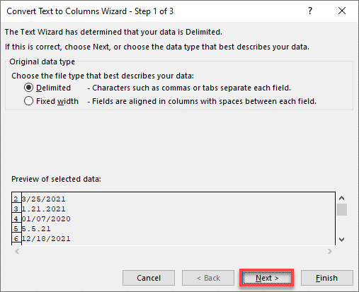 convert string to date text to columns 1