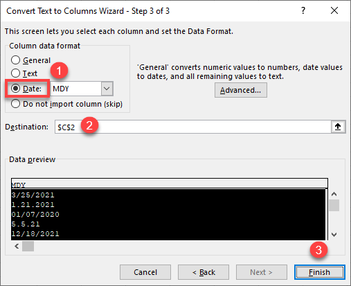 convert string to date text to columns 3