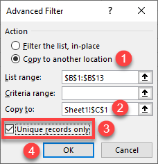 find unique values advanced filter 2