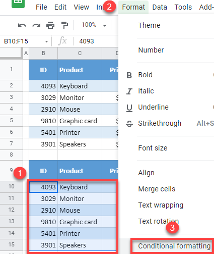 google sheets compare two tables conditional formatting