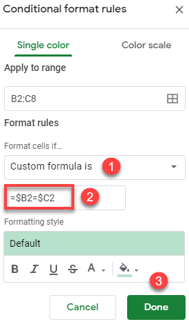 google-sheets-conditional formatting based on adjacent cell 2