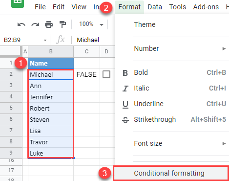 google sheets conditional formatting with checkbox