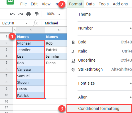 google sheets highlight cell if value exists in another column 1