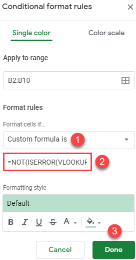 google sheets highlight cell if value exists in another column 2