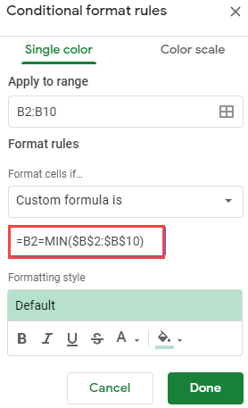 google sheets highlight lowest value