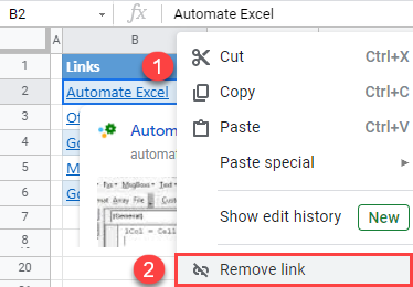 google sheets remove a hyperlink