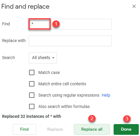 google sheets remove asterisks 1a