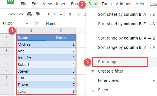 google sheets reverse the order 1