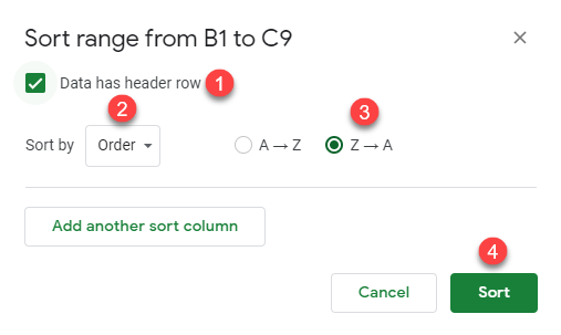 google sheets reverse the order 2